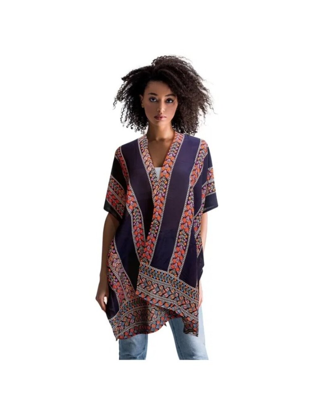 Navy Flower Print Kimono Open Front Wide Sleeves One Size Beach Cover Up Cruise - Picture 2 of 2